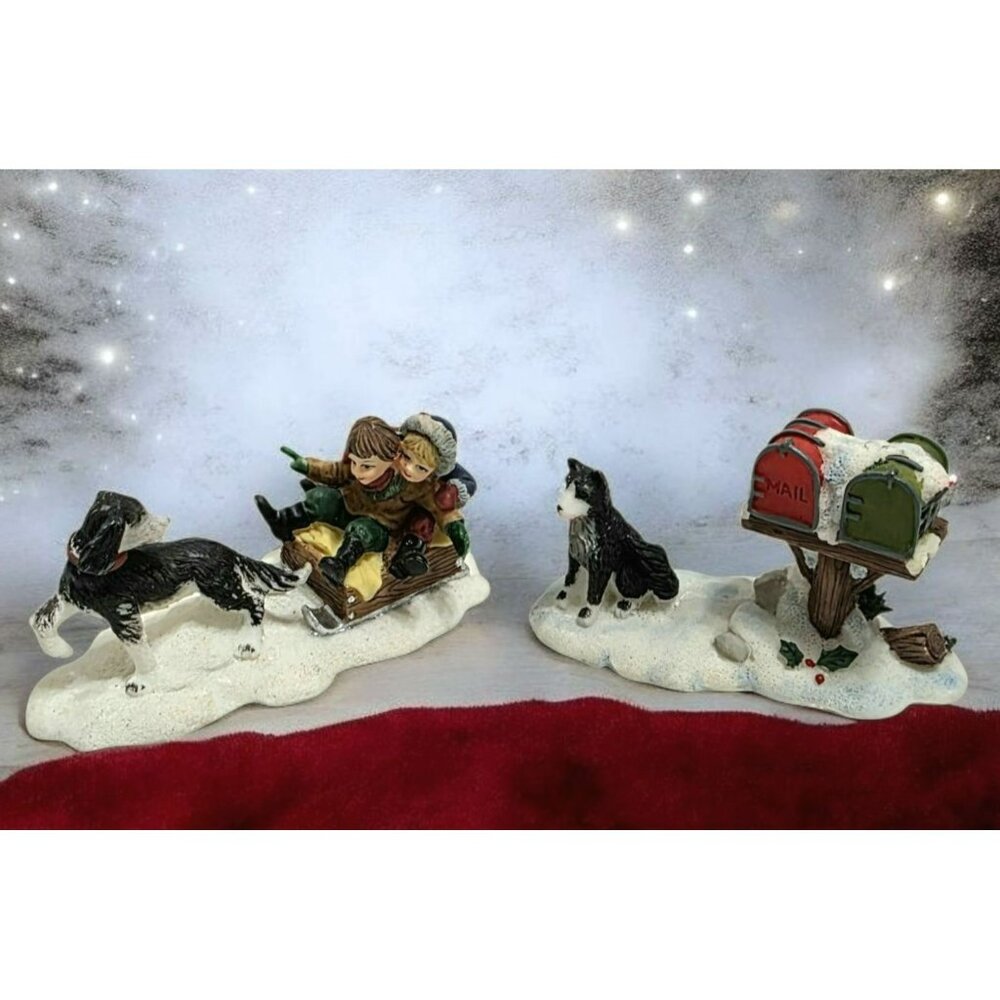 VTG O'Well Sled Dog Kids Puppy Mailbox Christmas Village Figurine Set Boy Girl